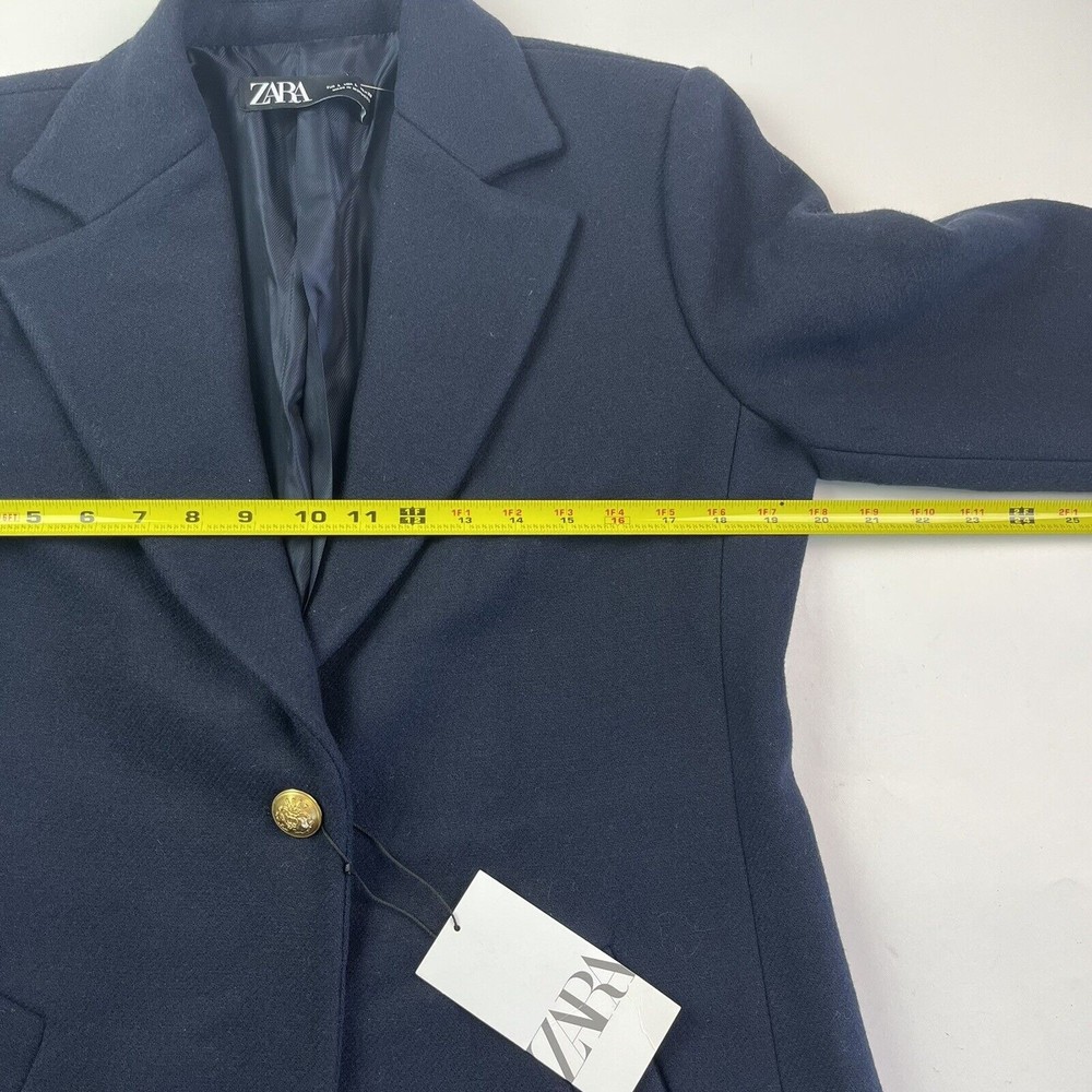 Zara Coat Wool Blend Long Dark Navy Blue One Gold Button Lined Womens L 8367/734 - Picture 6 of 12